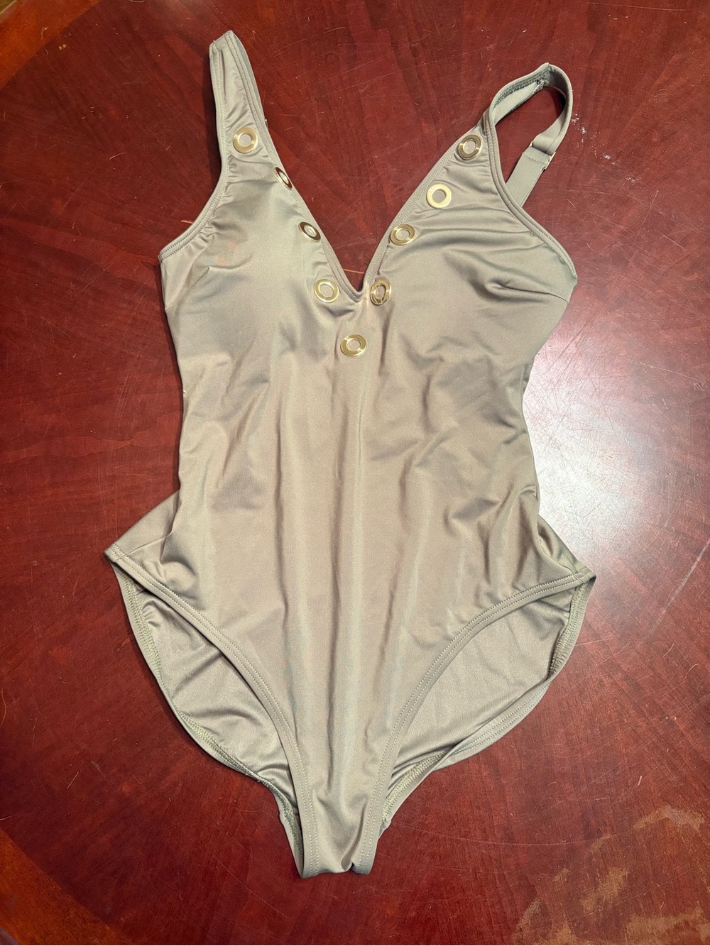 Michael Kors One Piece Swimsuit NWOT Size 10 Taupe Gold Grommet Plunge Neck Swim